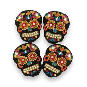 BX1 Tahari BEADED HALLOWEEN DAY OF THE DEAD SKULL COASTERS SET OF 4